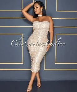 Vendor-unknown Kayden Nude Rose Gold Sequins Ruched Strapless Midi Dress CELEBRITY CO