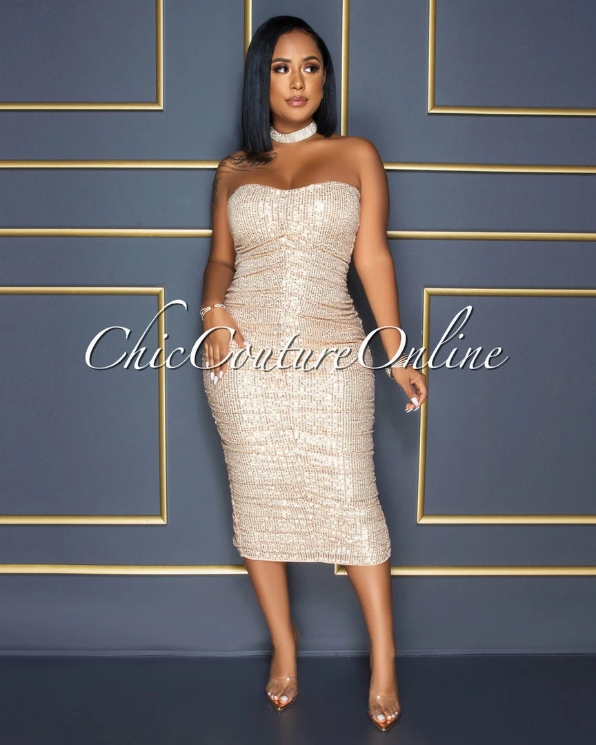 Vendor-unknown Kayden Nude Rose Gold Sequins Ruched Strapless Midi Dress CELEBRITY CO