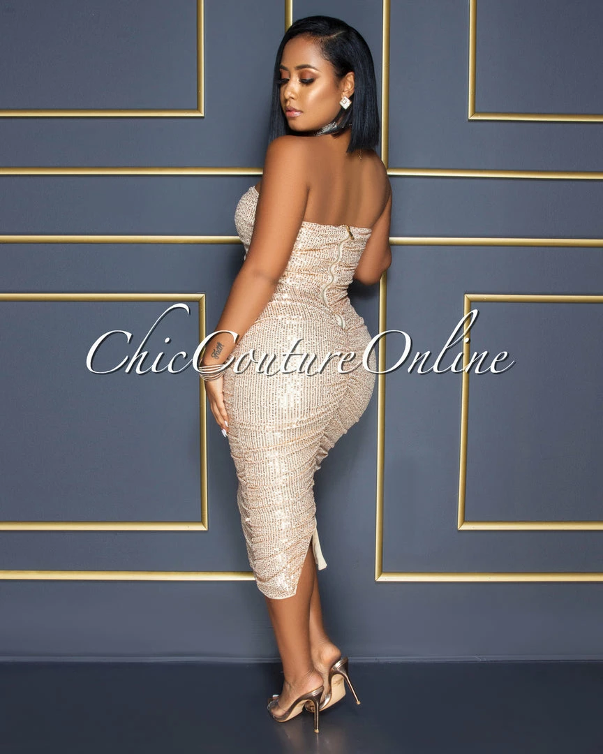 Vendor-unknown Kayden Nude Rose Gold Sequins Ruched Strapless Midi Dress CELEBRITY CO