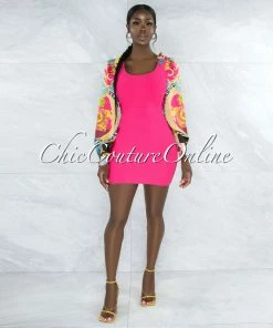 Vendor-unknown Poetry Hot Pink Multi-Color Print Sleeves Bandage Dress JUST IN