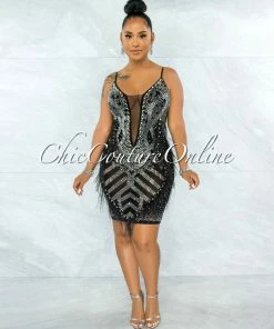 Vendor-unknown Denise Black Mesh Pearls & Rhinestones Feathers Bodysuit Dress JUST IN