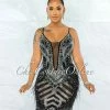 Vendor-unknown Denise Black Mesh Pearls & Rhinestones Feathers Bodysuit Dress JUST IN