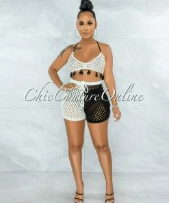 Vendor-unknown Arturo Black White Two-Tones Crochet Cover-Up Set