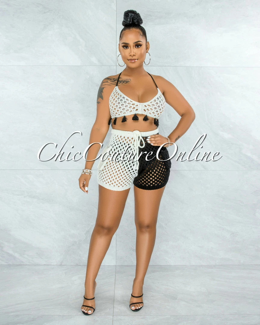 Vendor-unknown Arturo Black White Two-Tones Crochet Cover-Up Set
