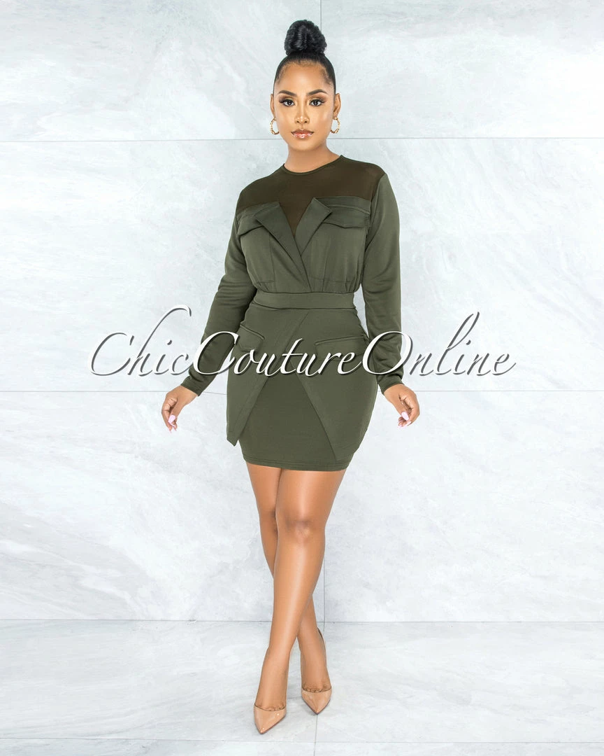 Vendor-unknown October Olive Green Mesh Neckline Trench Overlay Dress