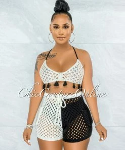 Vendor-unknown Arturo Black White Two-Tones Crochet Cover-Up Set