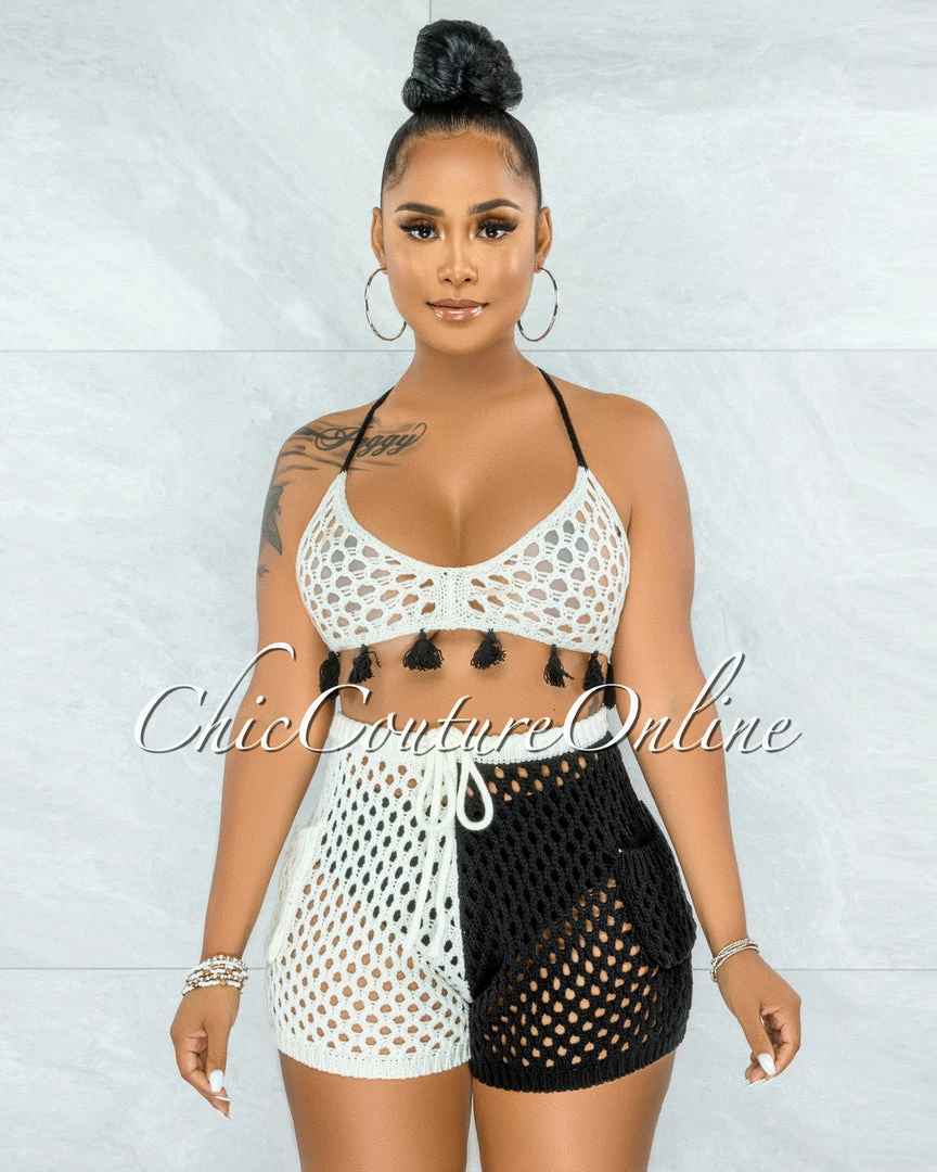 Vendor-unknown Arturo Black White Two-Tones Crochet Cover-Up Set