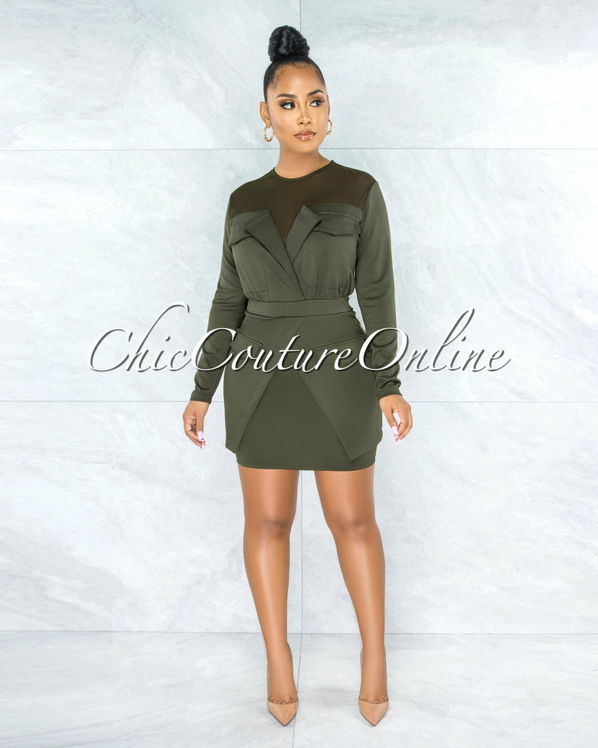 Vendor-unknown October Olive Green Mesh Neckline Trench Overlay Dress