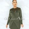 Vendor-unknown October Olive Green Mesh Neckline Trench Overlay Dress