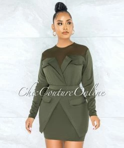 Vendor-unknown October Olive Green Mesh Neckline Trench Overlay Dress