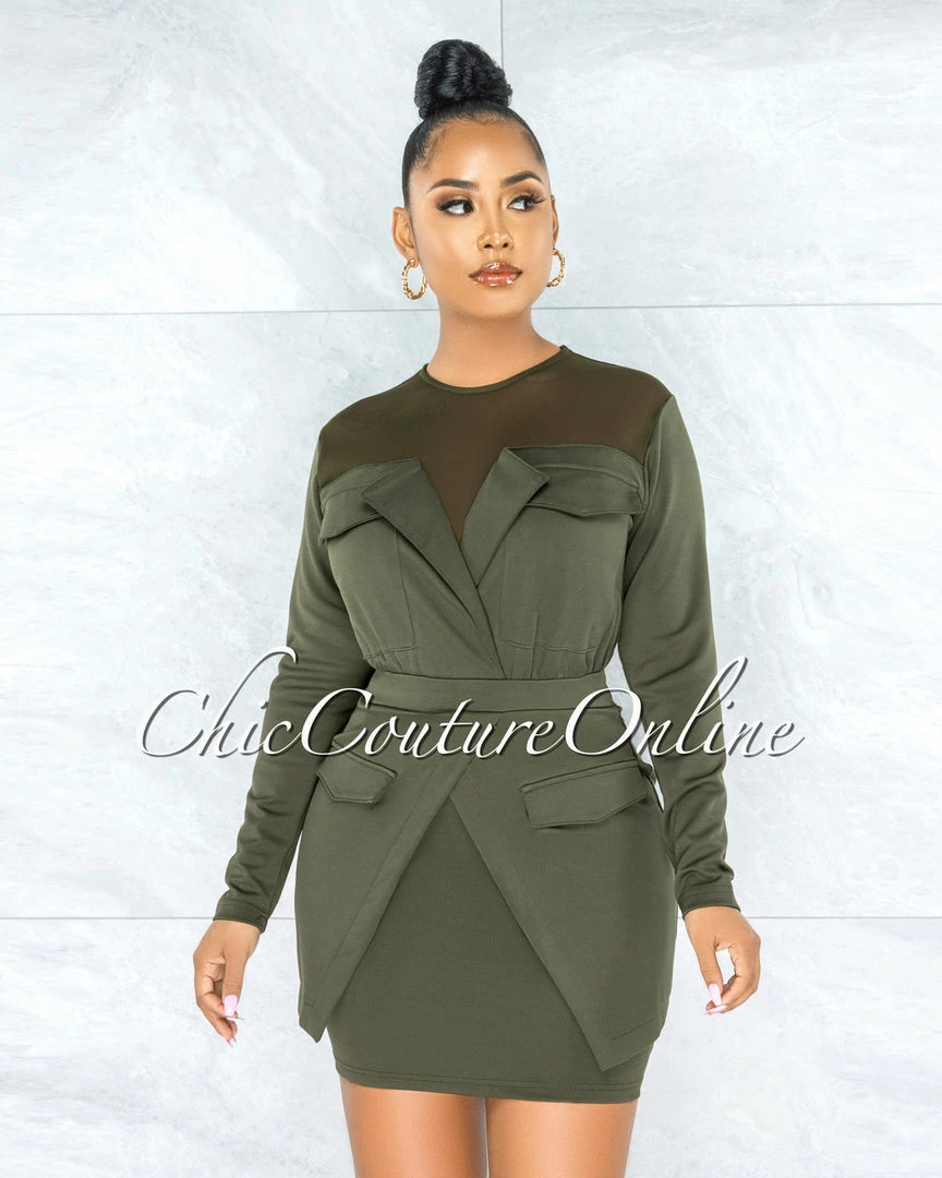 Vendor-unknown October Olive Green Mesh Neckline Trench Overlay Dress