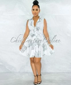 Vendor-unknown Janae White Black Handwriting Print Buttons Drape Dress
