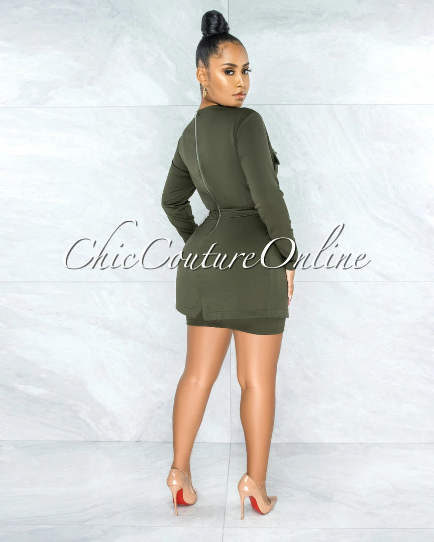 Vendor-unknown October Olive Green Mesh Neckline Trench Overlay Dress
