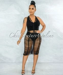 Vendor-unknown JUST IN Cherokee Black Crochet Open Back Cover-Up Midi Dress