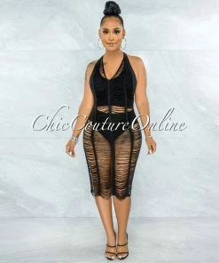 Vendor-unknown JUST IN Cherokee Black Crochet Open Back Cover-Up Midi Dress