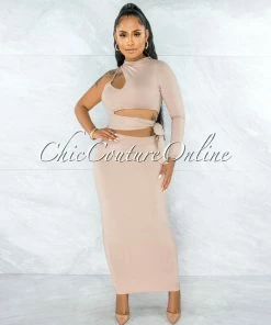 Vendor-unknown Ionia Nude Single Long Sleeve Cut-Out Tie Waist Maxi Dress JUST IN
