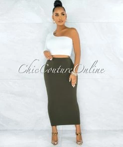 Vendor-unknown Doneva Olive Double Lined Pencil Maxi Skirt JUST IN