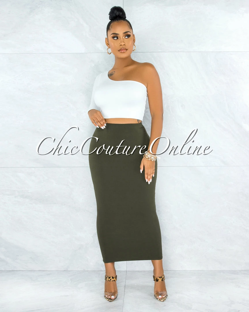 Vendor-unknown Doneva Olive Double Lined Pencil Maxi Skirt JUST IN