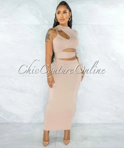 Vendor-unknown Ionia Nude Single Long Sleeve Cut-Out Tie Waist Maxi Dress JUST IN
