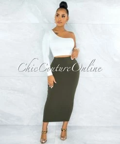 Vendor-unknown Doneva Olive Double Lined Pencil Maxi Skirt JUST IN