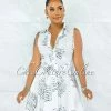 Vendor-unknown Janae White Black Handwriting Print Buttons Drape Dress
