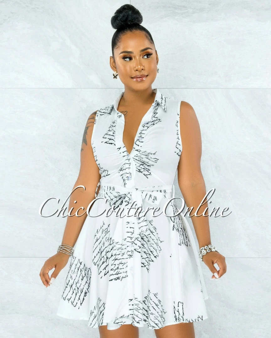 Vendor-unknown Janae White Black Handwriting Print Buttons Drape Dress