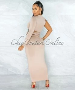 Vendor-unknown Ionia Nude Single Long Sleeve Cut-Out Tie Waist Maxi Dress JUST IN