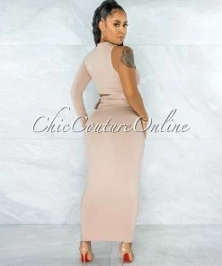 Vendor-unknown Ionia Nude Single Long Sleeve Cut-Out Tie Waist Maxi Dress JUST IN