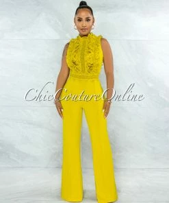 Vendor-unknown Firth Lime Yellow Crochet See-Through Top Jumpsuit JUST IN
