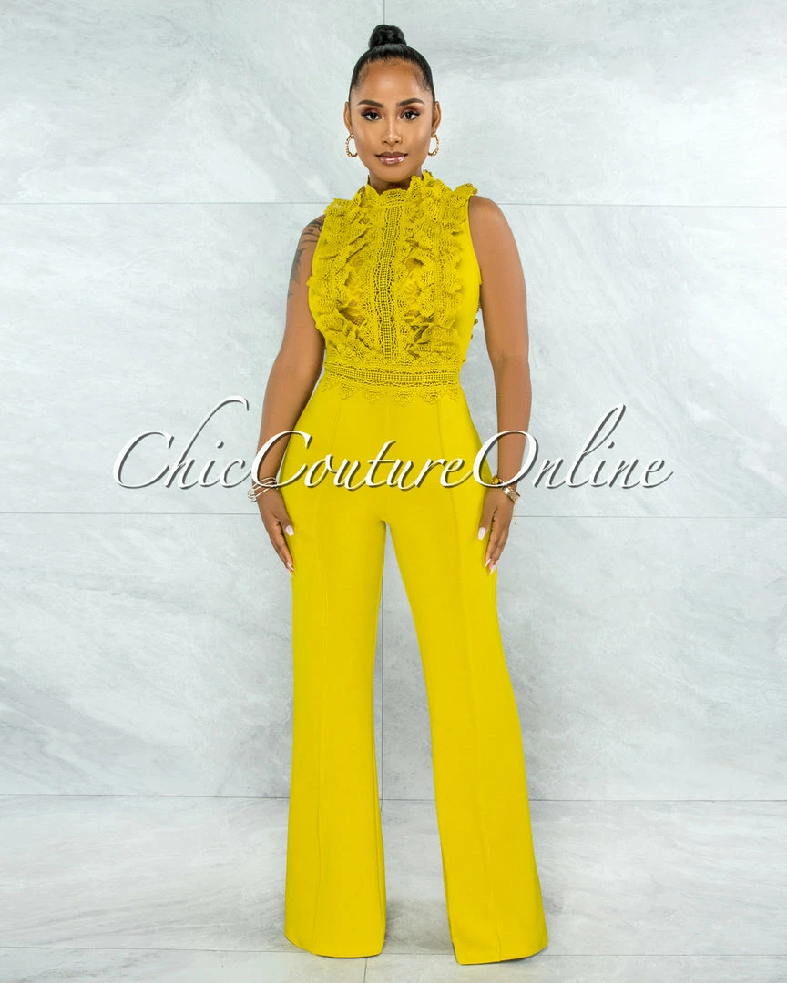 Vendor-unknown Firth Lime Yellow Crochet See-Through Top Jumpsuit JUST IN