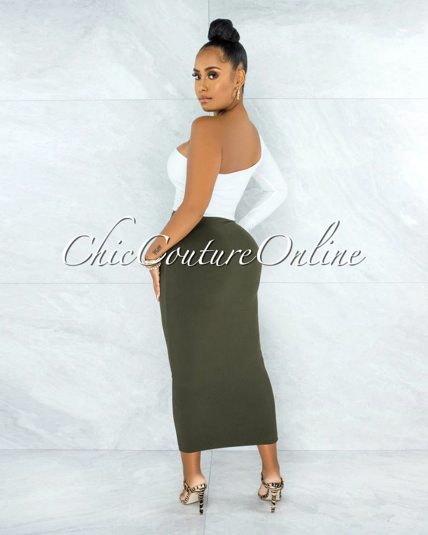 Vendor-unknown Doneva Olive Double Lined Pencil Maxi Skirt JUST IN