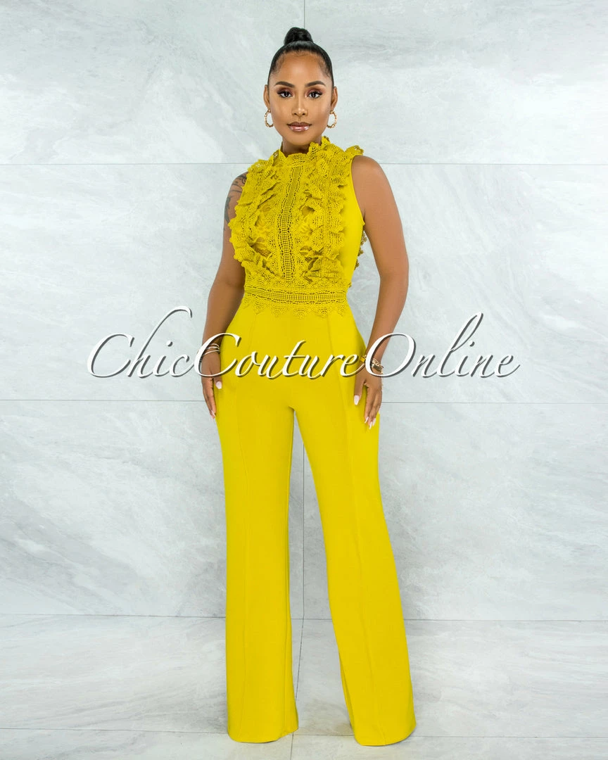 Vendor-unknown Firth Lime Yellow Crochet See-Through Top Jumpsuit JUST IN