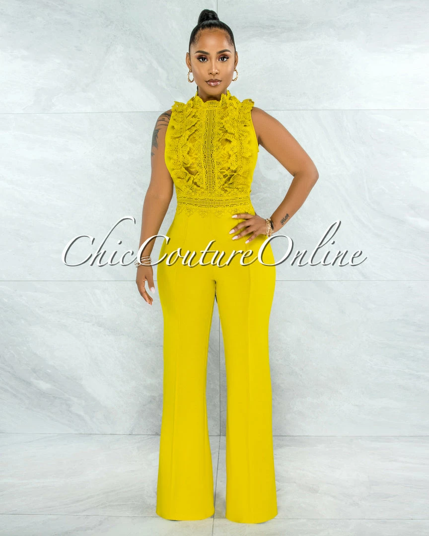 Vendor-unknown Firth Lime Yellow Crochet See-Through Top Jumpsuit JUST IN