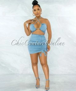 Vendor-unknown Maitland Light Denim Self-Tie Crop Top & Ruched Skirt Set JUST IN