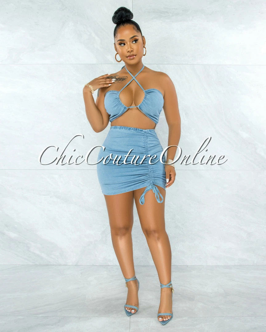 Vendor-unknown Maitland Light Denim Self-Tie Crop Top & Ruched Skirt Set JUST IN