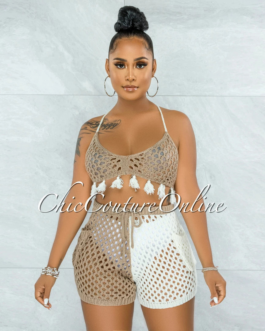 Vendor-unknown Arturo Nude White Two-Tones Crochet Cover-Up Set JUST IN
