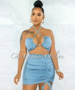 Vendor-unknown Maitland Light Denim Self-Tie Crop Top & Ruched Skirt Set JUST IN