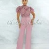 Vendor-unknown Charity Mauve Crochet See-Thru Top Ruffle Sleeves Jumpsuit