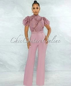 Vendor-unknown Charity Mauve Crochet See-Thru Top Ruffle Sleeves Jumpsuit