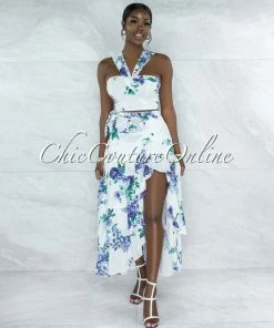 Vendor-unknown Casera White Blue Floral Print Top & Maxi Skirt Set JUST IN