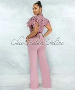 Vendor-unknown Charity Mauve Crochet See-Thru Top Ruffle Sleeves Jumpsuit