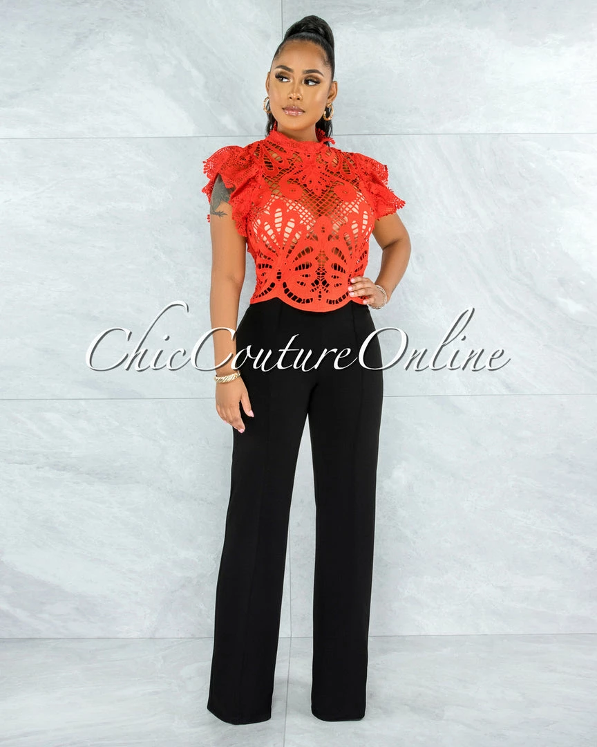 Vendor-unknown Kimane Red See-Through Crochet Ruffle Sleeves Top
