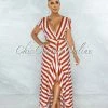 Vendor-unknown Otmar Orange White Stripes Wrap Ruffle Dress