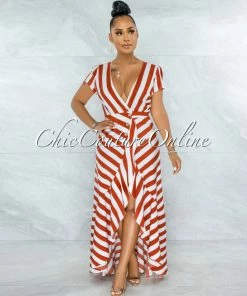 Vendor-unknown Otmar Orange White Stripes Wrap Ruffle Dress