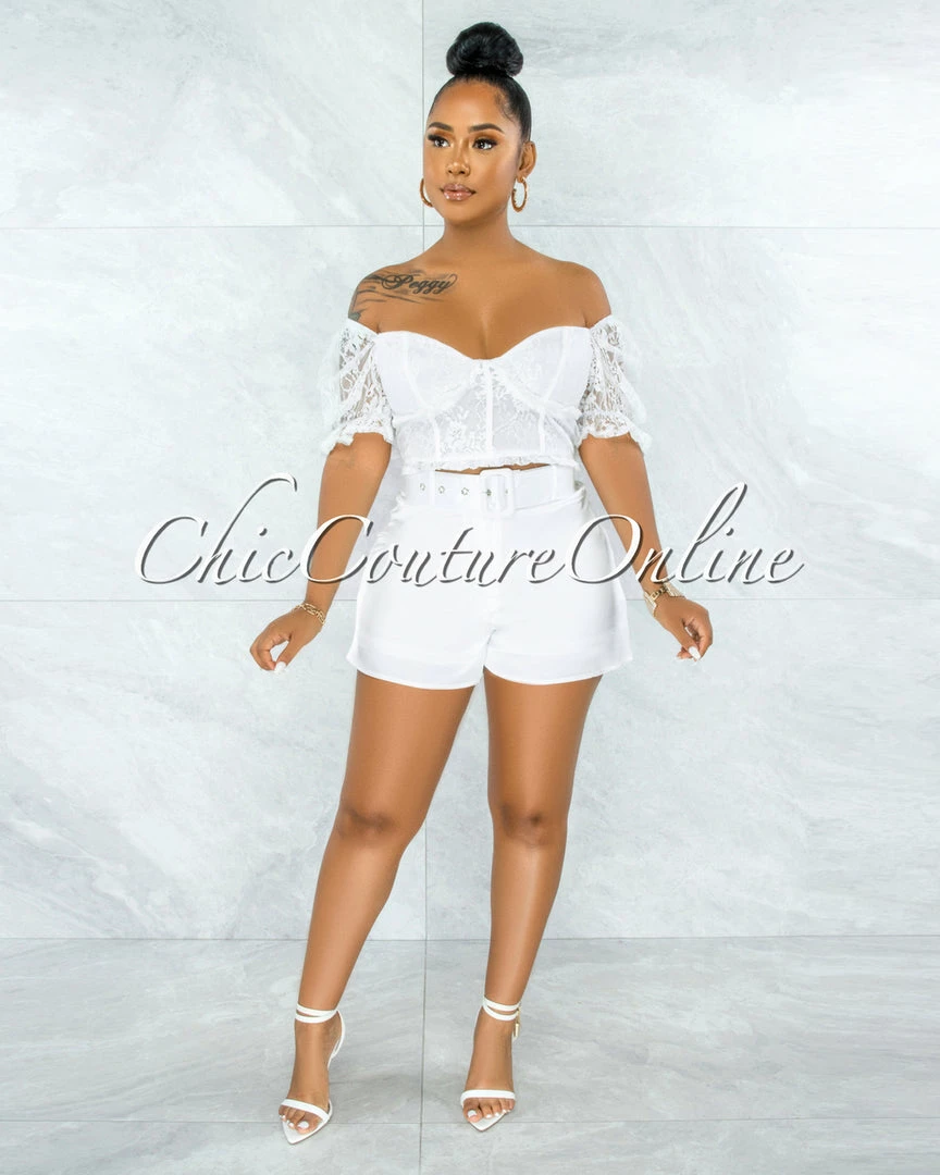 Vendor-unknown Olney White Lace Top & Belted Satin Shorts Set