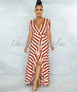 Vendor-unknown Otmar Orange White Stripes Wrap Ruffle Dress