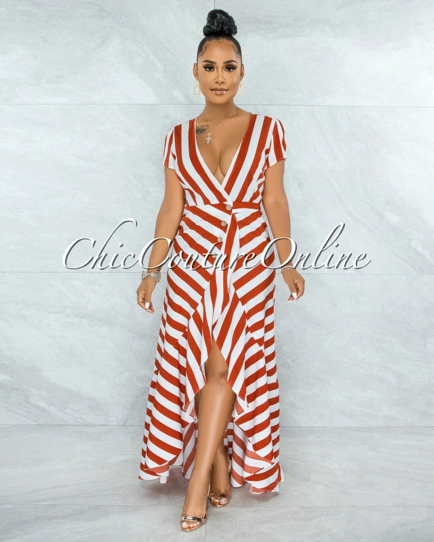 Vendor-unknown Otmar Orange White Stripes Wrap Ruffle Dress