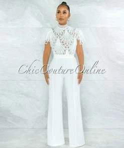 Vendor-unknown Charity Off-White Crochet See-Thru Top Ruffle Sleeves Jumpsuit JUST IN