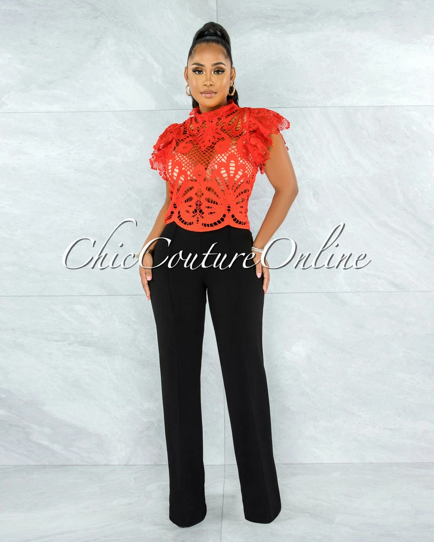 Vendor-unknown Kimane Red See-Through Crochet Ruffle Sleeves Top