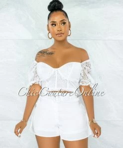 Vendor-unknown Olney White Lace Top & Belted Satin Shorts Set